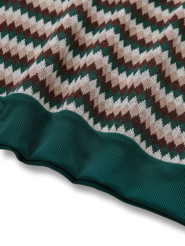 [Pre-Sale] 2PCS Green 1960s Diamond Check Knitted Vest Blouse & Skirt