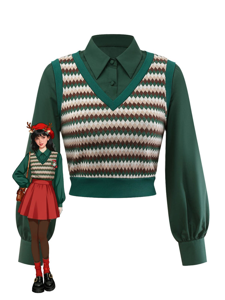 [Pre-Sale] Green 1960s Fake 2PCS Knitted Vest Blouse