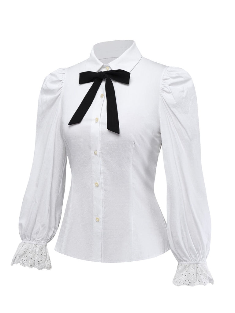 White 1960s Puff Sleeve Bow Tie Blouse