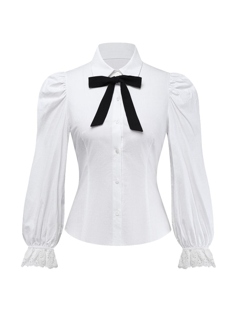 [Pre-Sale] White 1960s Puff Sleeve Bow Tie Blouse