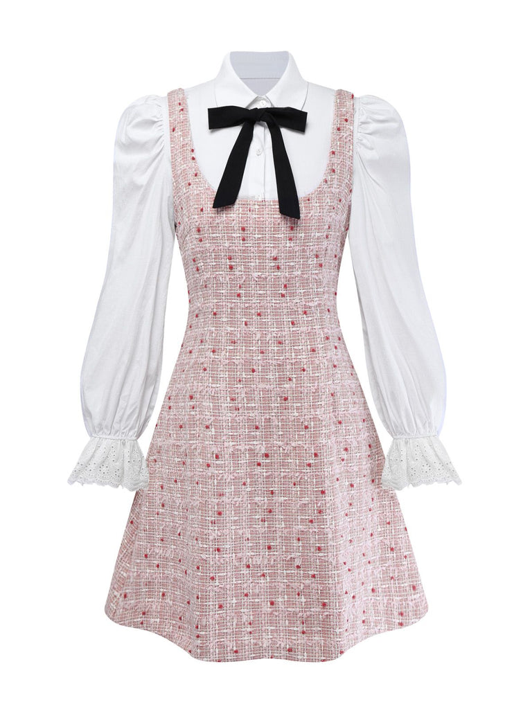 [Pre-Sale] 2PCS White & Pink 1960s Puff-Sleeve Bow Blouse & Tweed Pinafore Dress