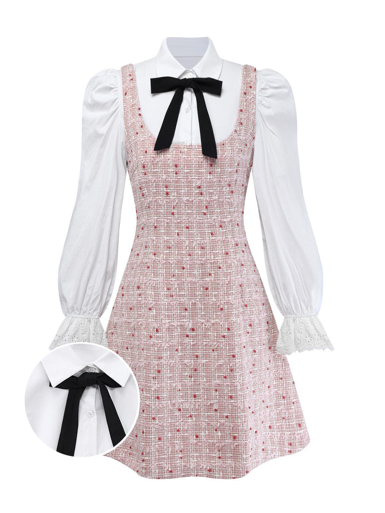 [Pre-Sale] 2PCS White & Pink 1960s Puff-Sleeve Bow Blouse & Tweed Pinafore Dress