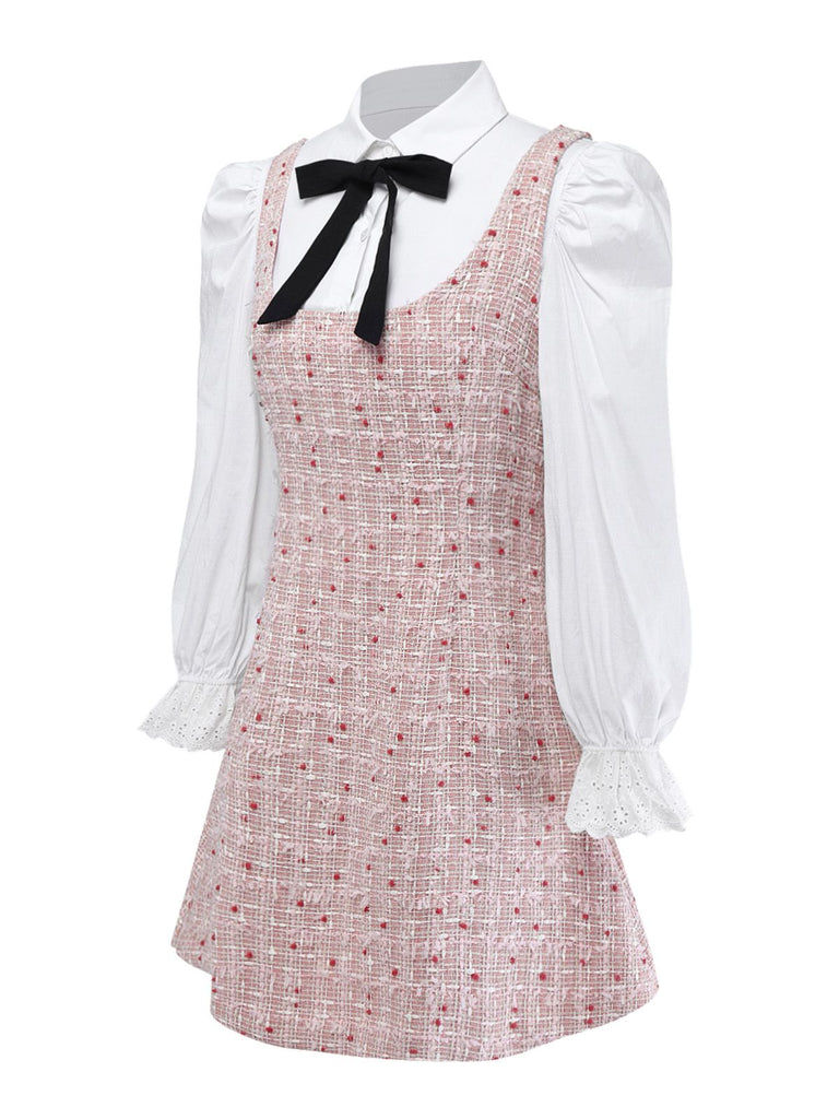 [Pre-Sale] 2PCS White & Pink 1960s Puff-Sleeve Bow Blouse & Tweed Pinafore Dress