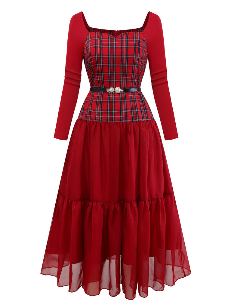 [Pre-Sale] Red 1940s Plaid Mesh Patchwork Off-Shoulder Dress