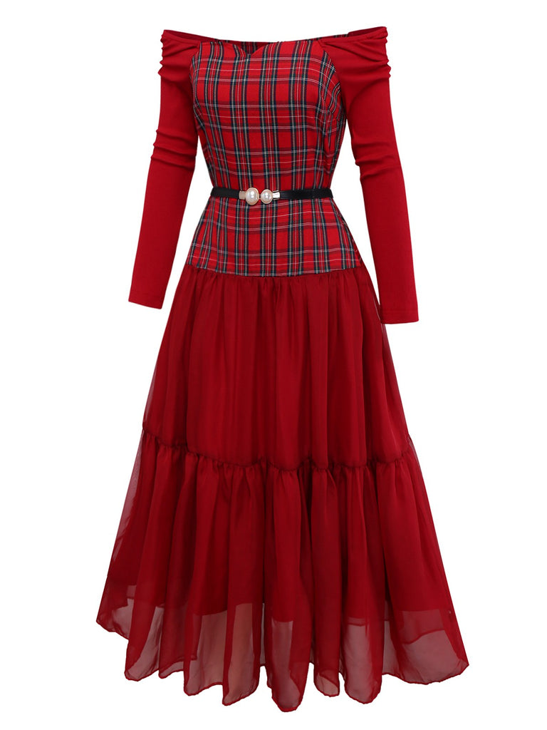 [Pre-Sale] Red 1940s Plaid Mesh Patchwork Off-Shoulder Dress