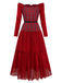 [Pre-Sale] Red 1940s Plaid Mesh Patchwork Off-Shoulder Dress