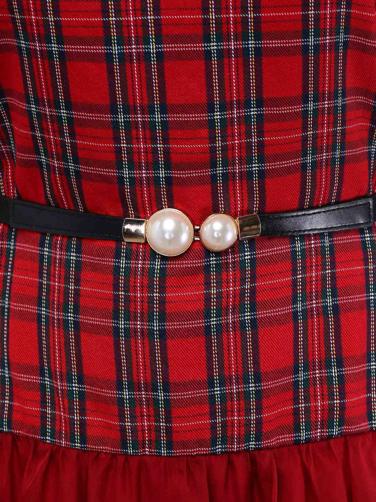 [Pre-Sale] Red 1940s Plaid Mesh Patchwork Off-Shoulder Dress