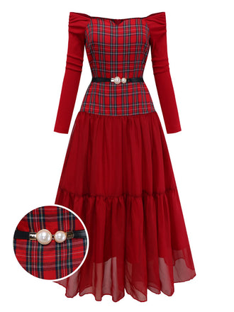 [Pre-Sale] Red 1940s Plaid Mesh Patchwork Off-Shoulder Dress