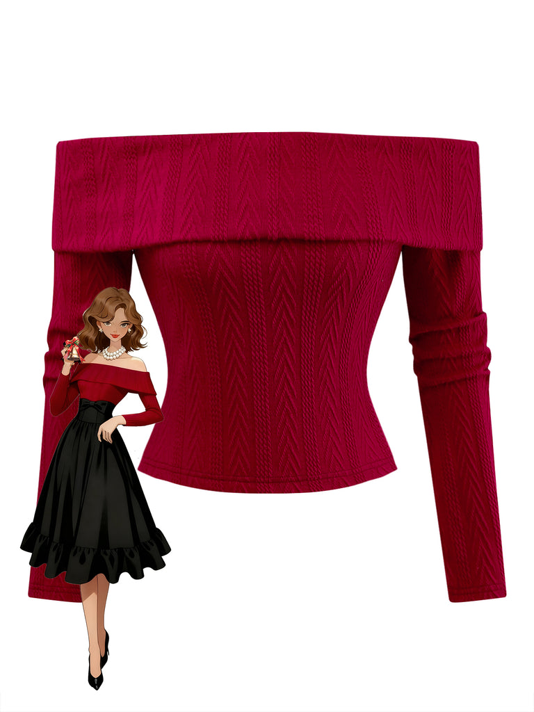 [Pre-Sale] Red 1950s Off-Shoulder Knitted Sweater