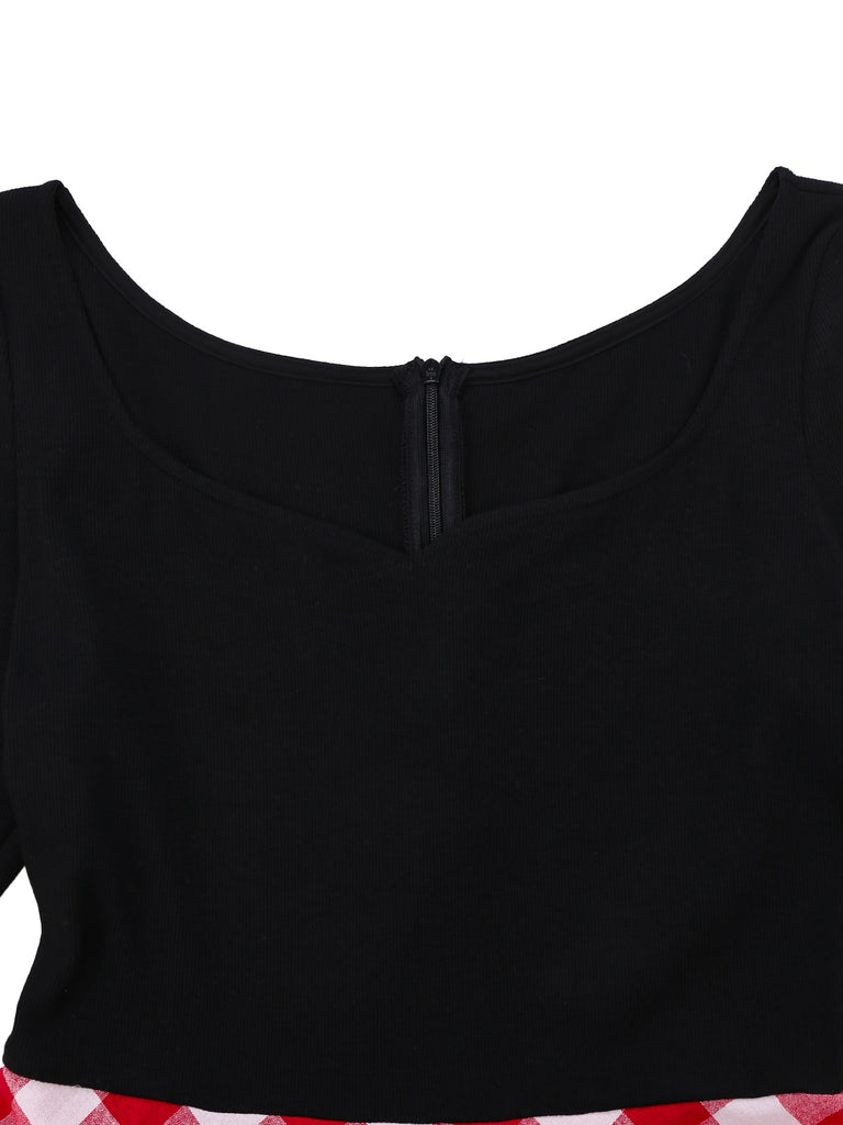 [Pre-Sale] Red 1950s Cotton Sweetheart Neck Knitted Plaid Dress