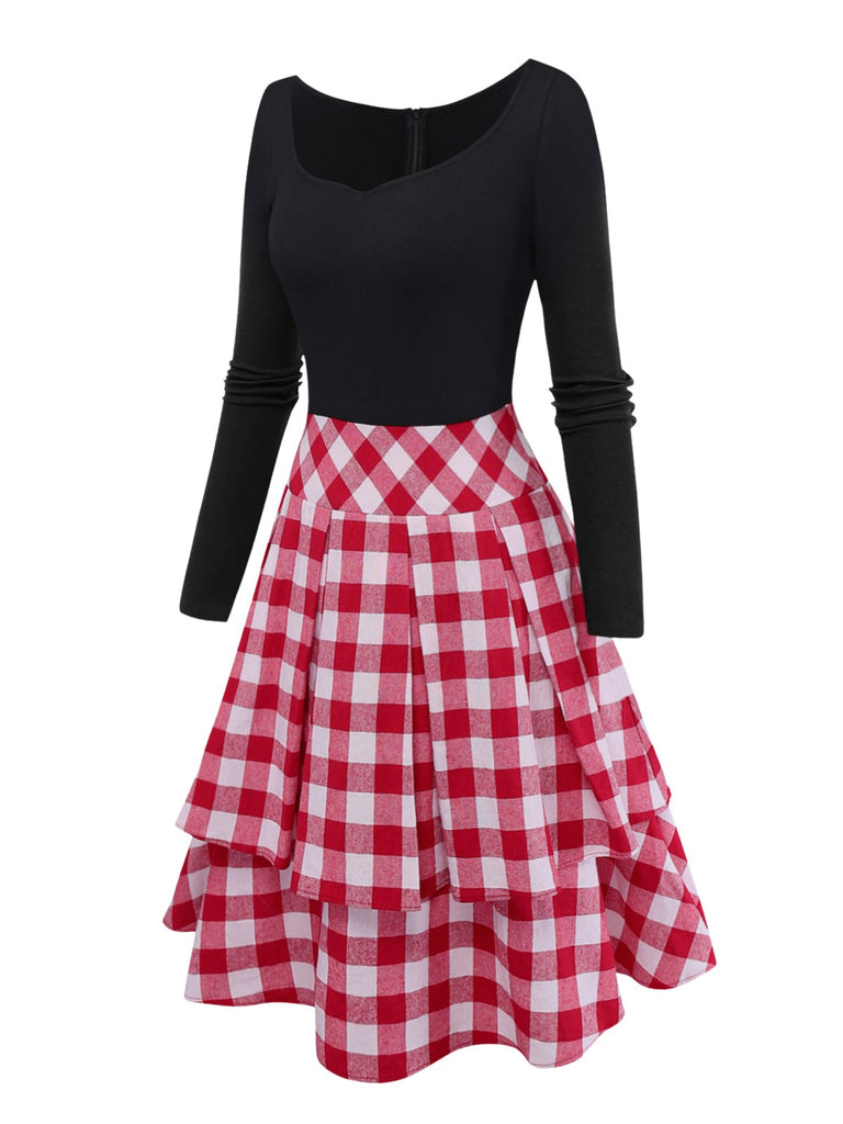 [Pre-Sale] Red 1950s Cotton Sweetheart Neck Knitted Plaid Dress