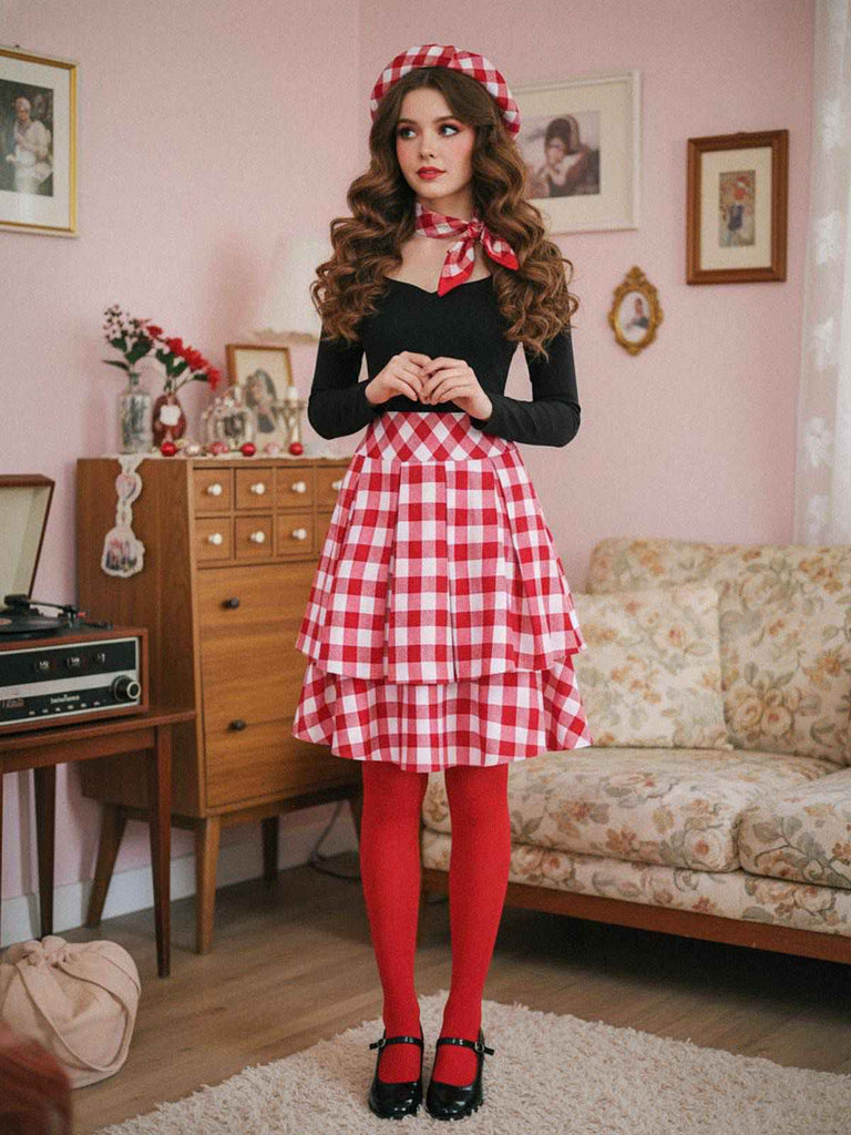 [Pre-Sale] Red 1950s Cotton Sweetheart Neck Knitted Plaid Dress