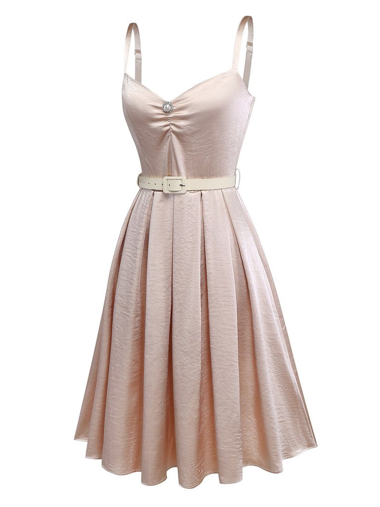 [Pre-Sale] Champagne 1950s Pearlescent Satin Waist Pleated Dress