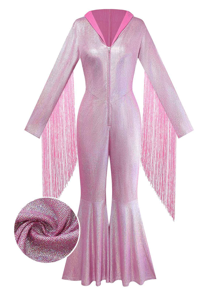 [Pre-Sale] Pink 1970s Flashing Tight Tassel Wide-Leg Jumpsuit