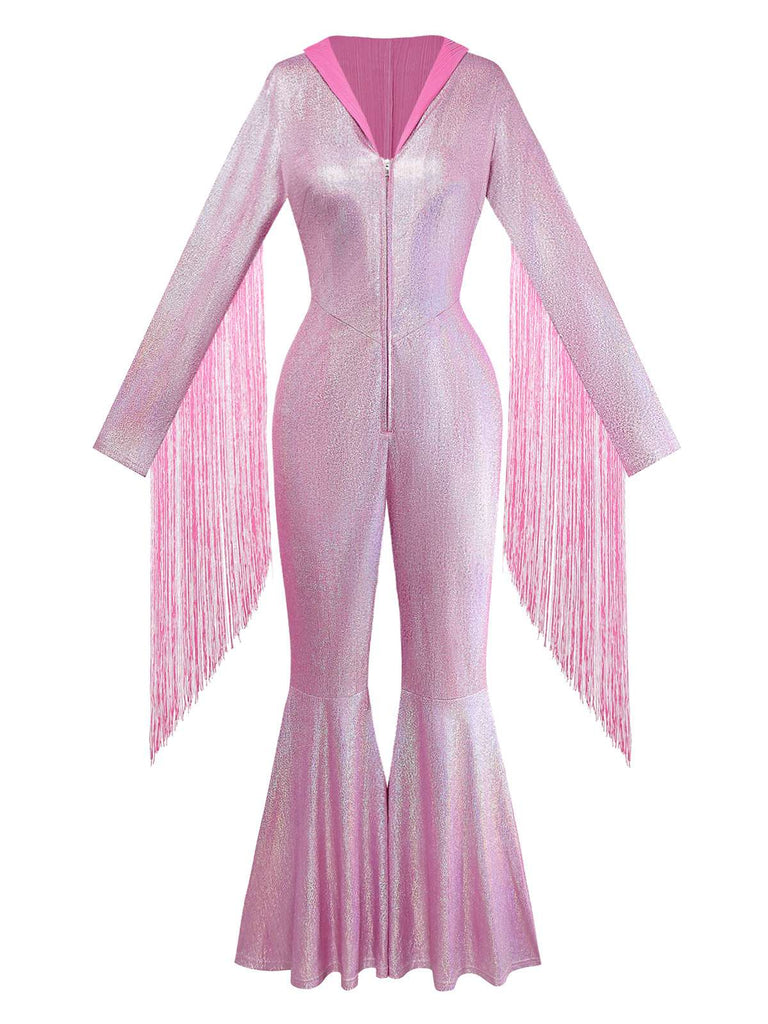 [Pre-Sale] Pink 1970s Flashing Tight Tassel Wide-Leg Jumpsuit