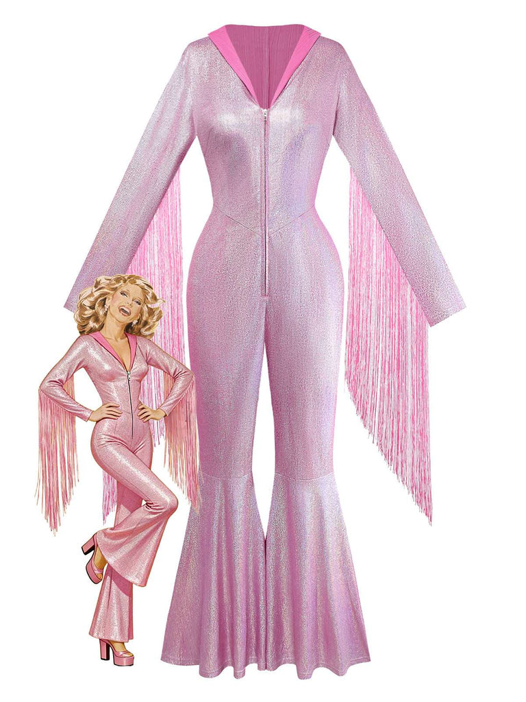 [Pre-Sale] Pink 1970s Flashing Tight Tassel Wide-Leg Jumpsuit