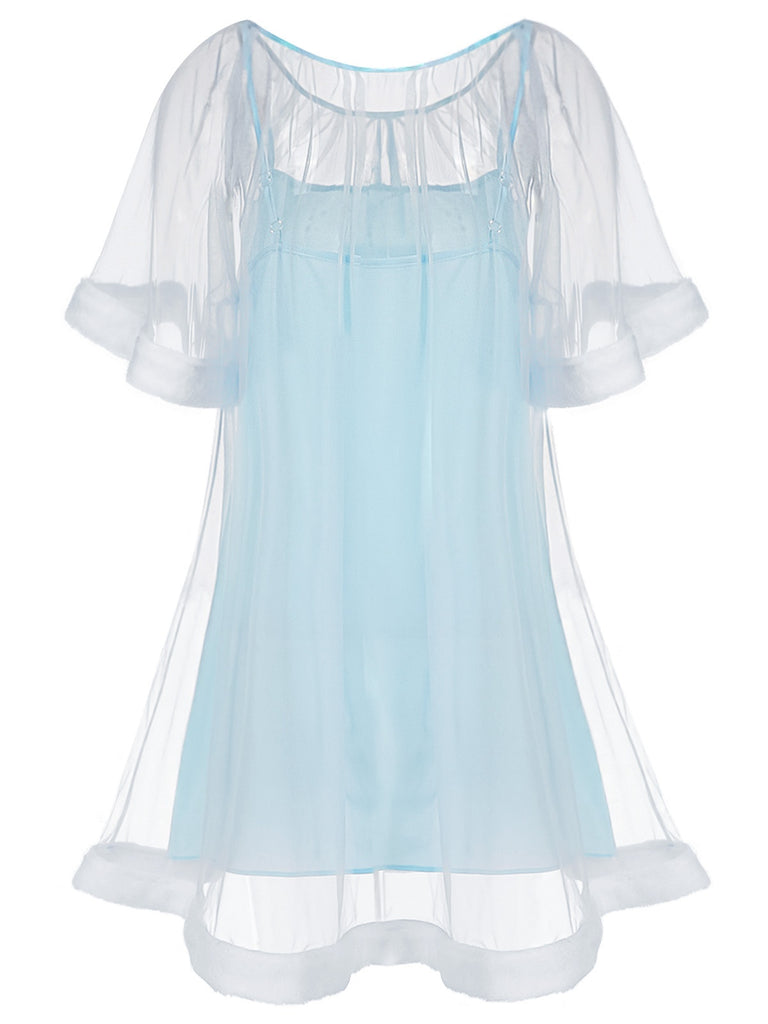 [Pre-Sale] Blue 1940s Ruffle Sleeve Plush Trim Tulle Nightgown