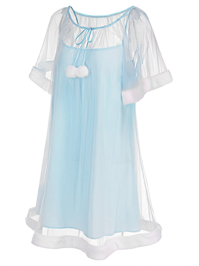 [Pre-Sale] Blue 1940s Ruffle Sleeve Plush Trim Tulle Nightgown