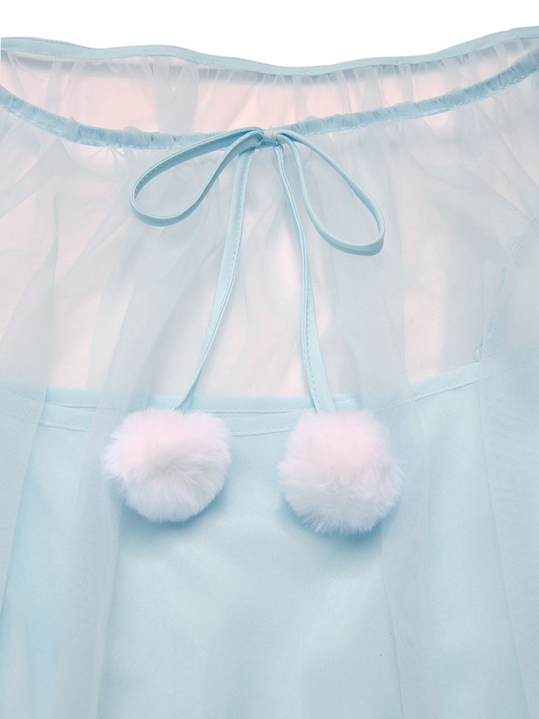 [Pre-Sale] Blue 1940s Ruffle Sleeve Plush Trim Tulle Nightgown