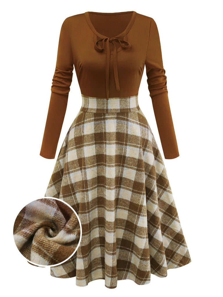 Brown 1950s Tie-Neck Knit Plaid Dress