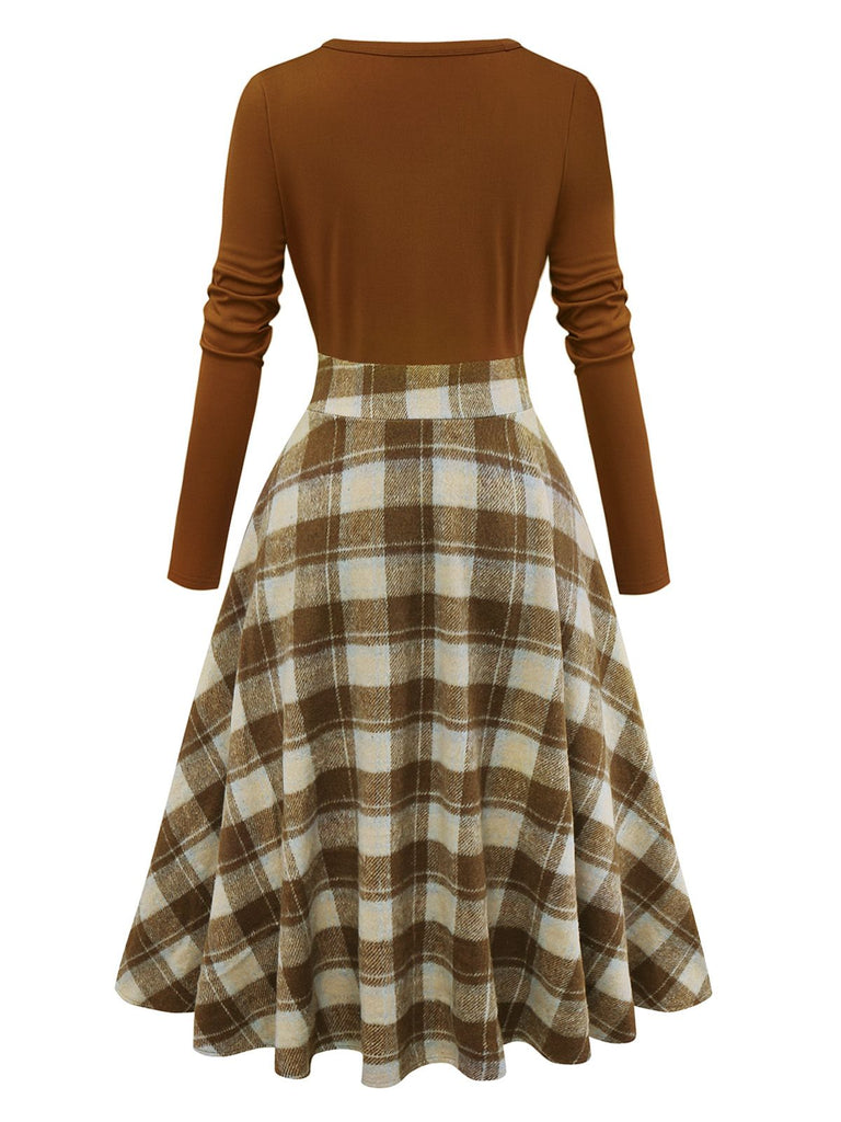 Brown 1950s Tie-Neck Knit Plaid Dress