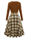 Brown 1950s Tie-Neck Knit Plaid Dress