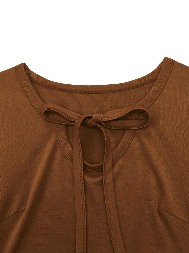 Brown 1950s Tie-Neck Knit Plaid Dress