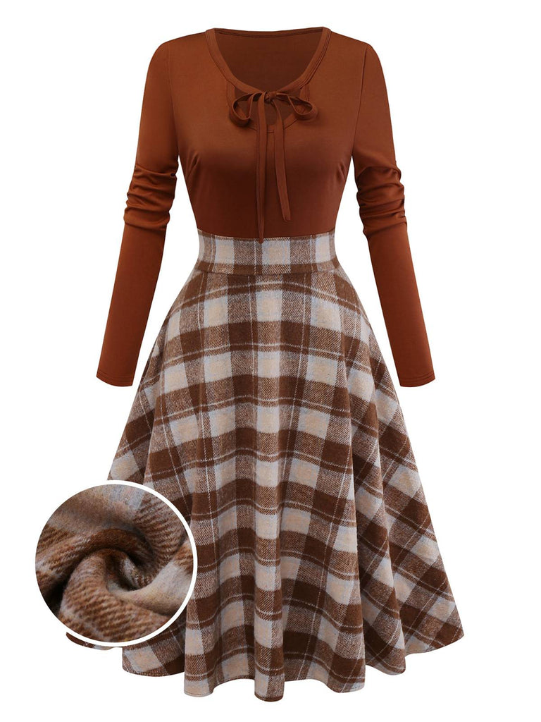 [Pre-Sale] Brown 1950s Tie-Neck Knit Plaid Dress