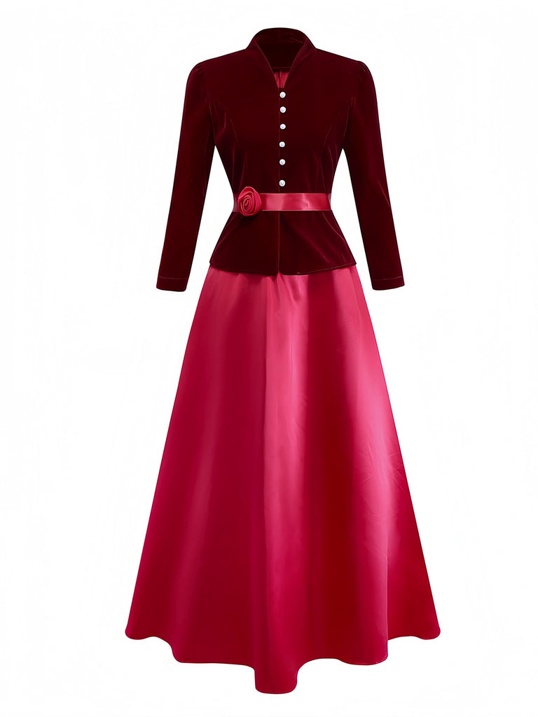 2PCS Wine Red 1940s V-Neck Velvet Jacket & Skirt