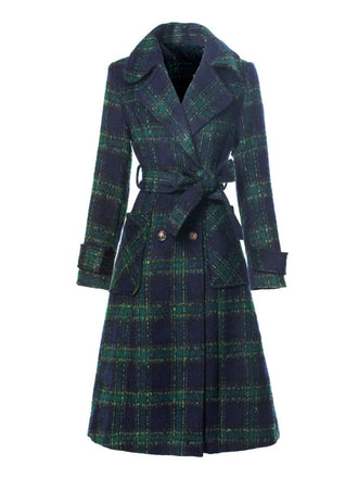 Green 1940s Notched Collar Blackwatch Plaid Long Coat