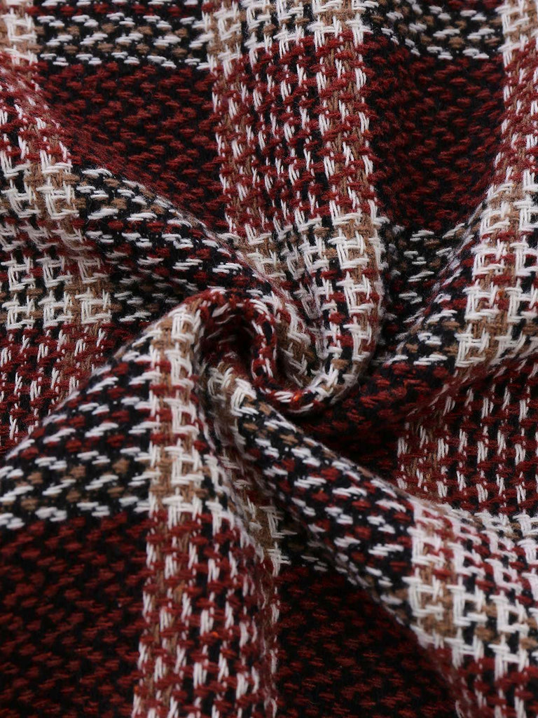 Red 1950s Plaid Tweed Stand Collar Coat