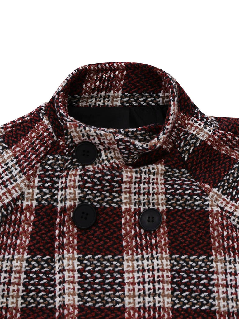 Red 1950s Plaid Tweed Stand Collar Coat