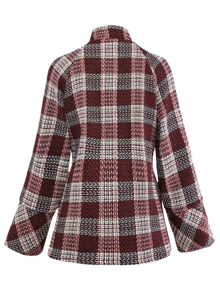 Red 1950s Plaid Tweed Stand Collar Coat