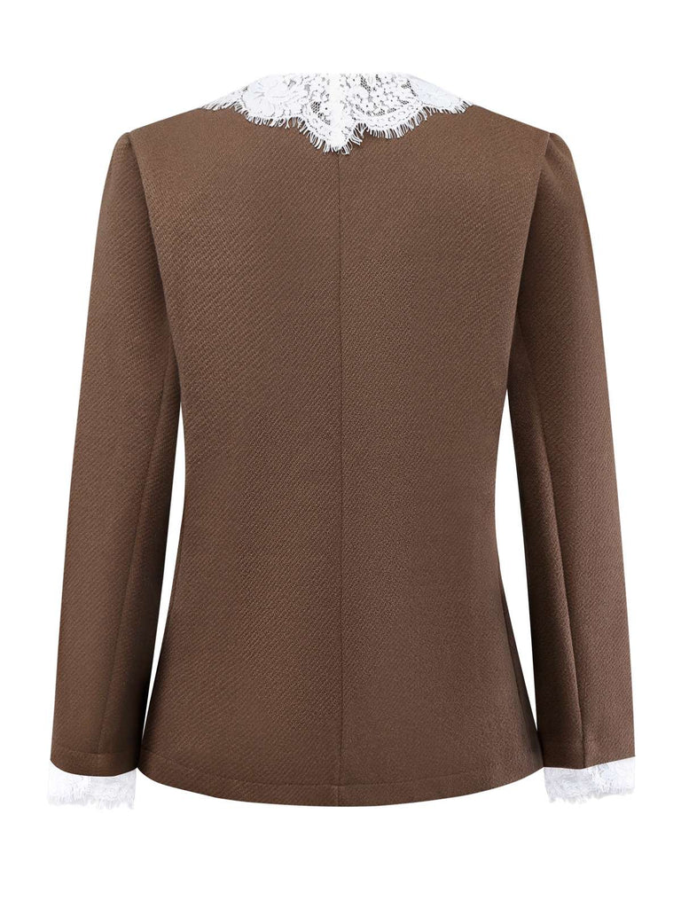 Brown 1950s Lace Patchwork Long Sleeve Button Jacket