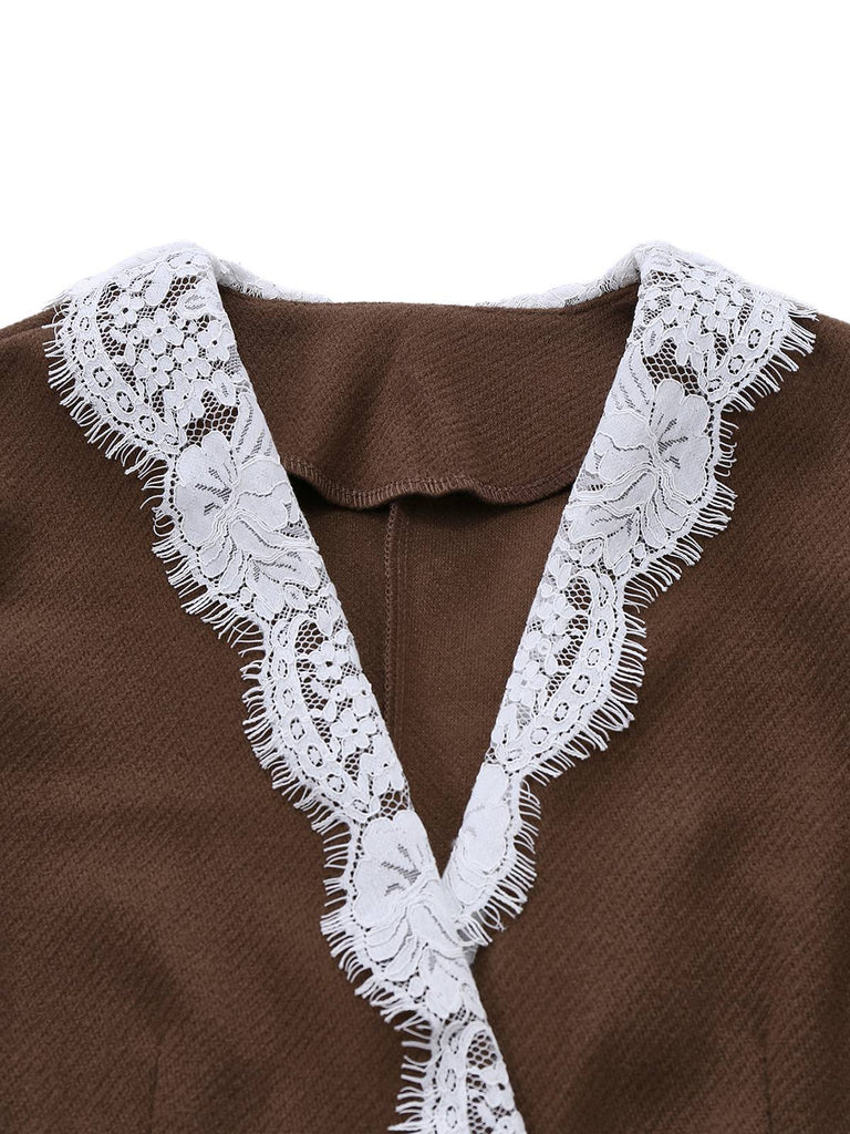 Brown 1950s Lace Patchwork Long Sleeve Button Jacket