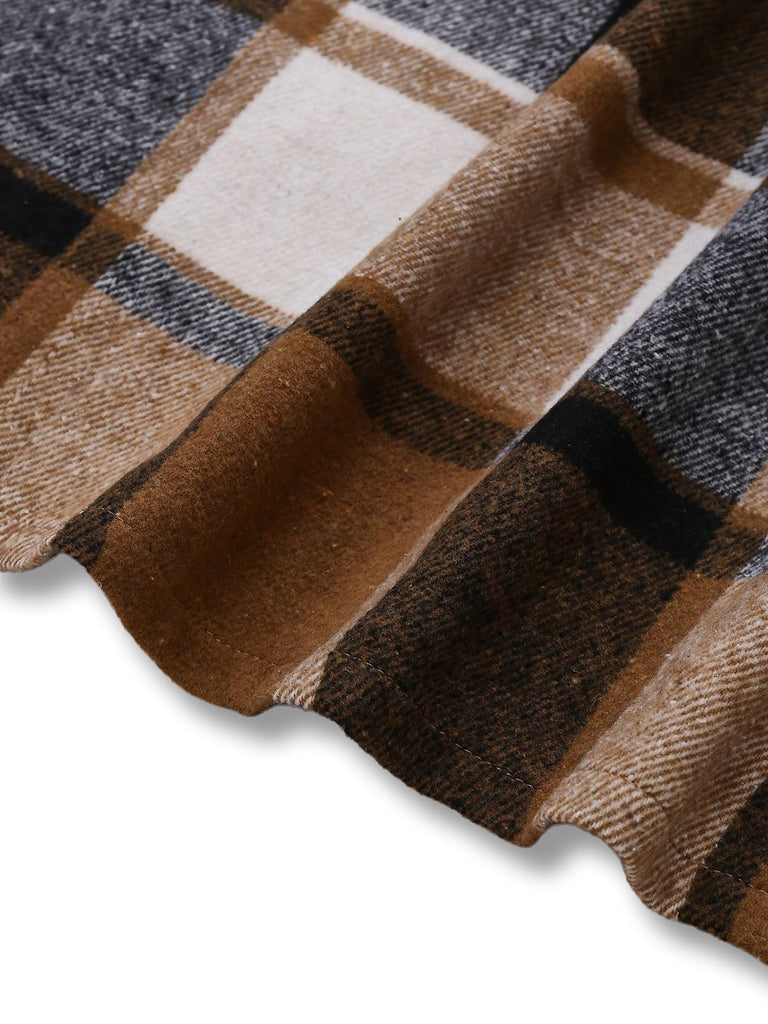 Khaki 1950s Plaid Long Sleeve Irregular Jacket