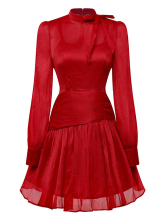 Red 1960s Solid Ruched Tie Neck Long Sleeve Dress