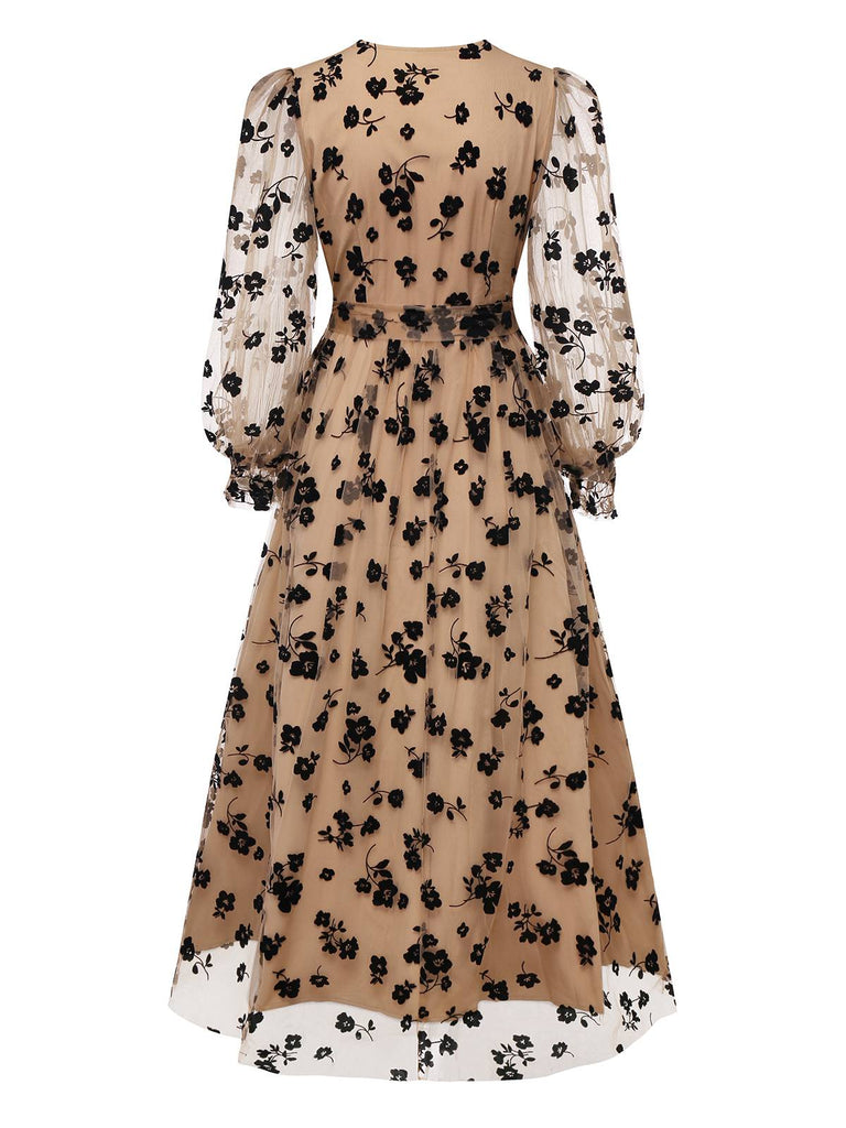 Beige 1930s Flocked Floral Mesh V-Neck Dress