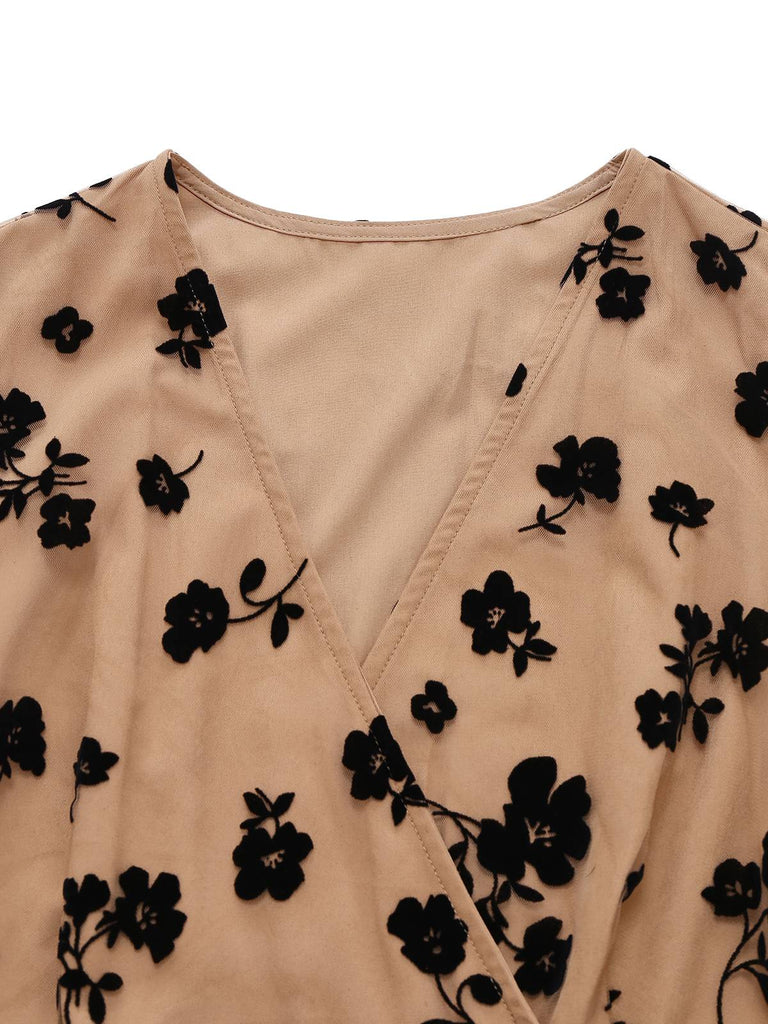 Beige 1930s Flocked Floral Mesh V-Neck Dress