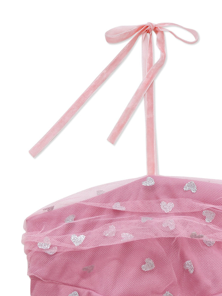 1930s Heart Silver Foil Tulle Spaghetti Strap Prom Dress