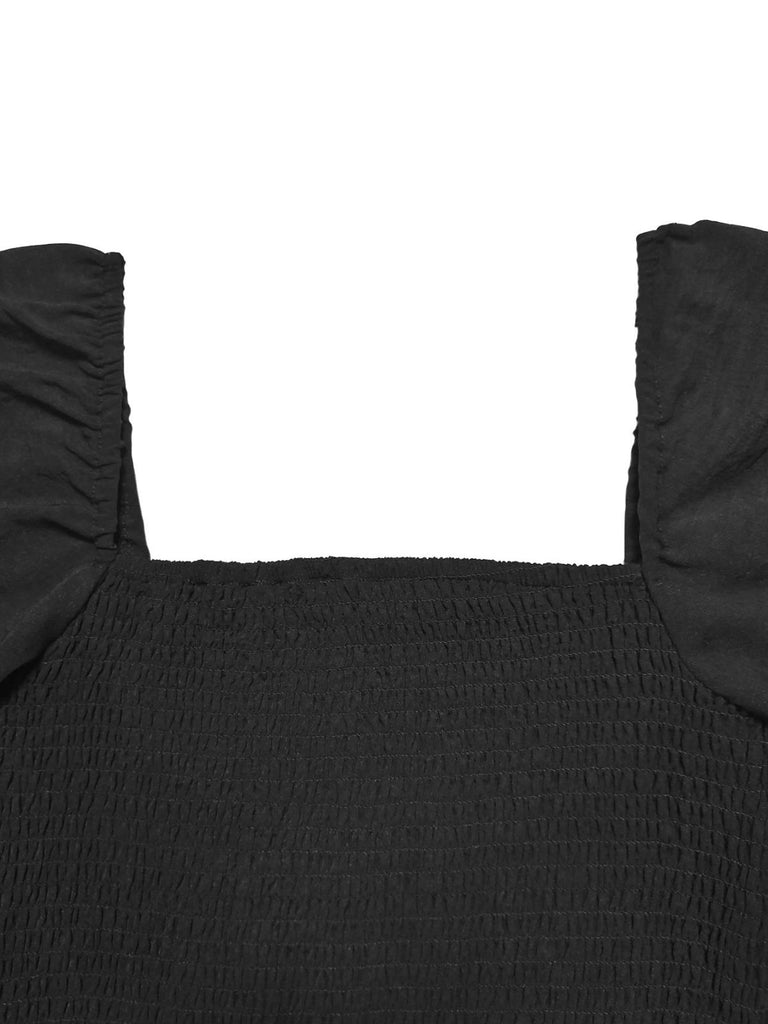 1950s Solid Square Neck Smocked Long Jumpsuit