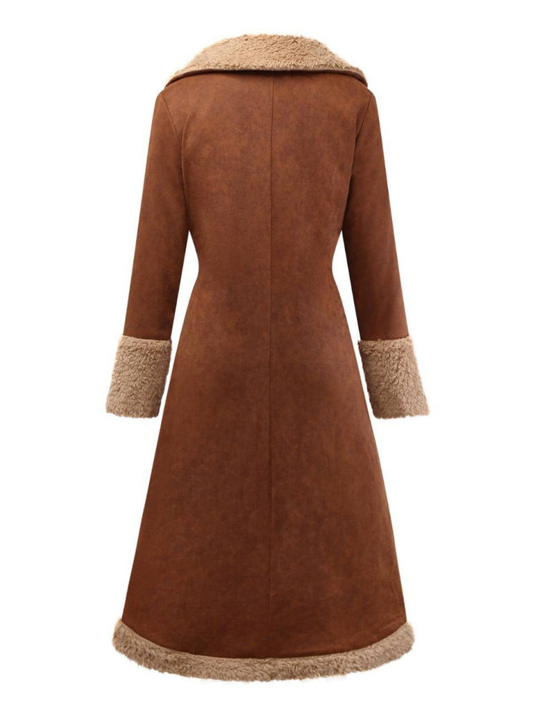 Brown 1950s Faux Suede Notched Collar Button Trench Coat