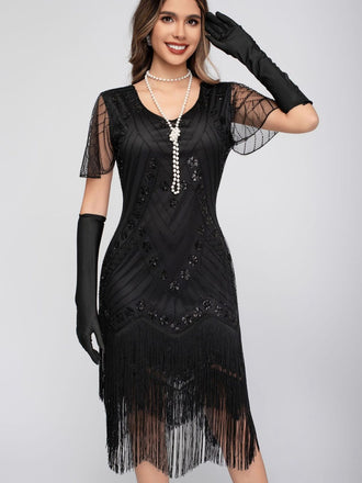 1920s Sequins Tassel Beading Cap Sleeve Dress