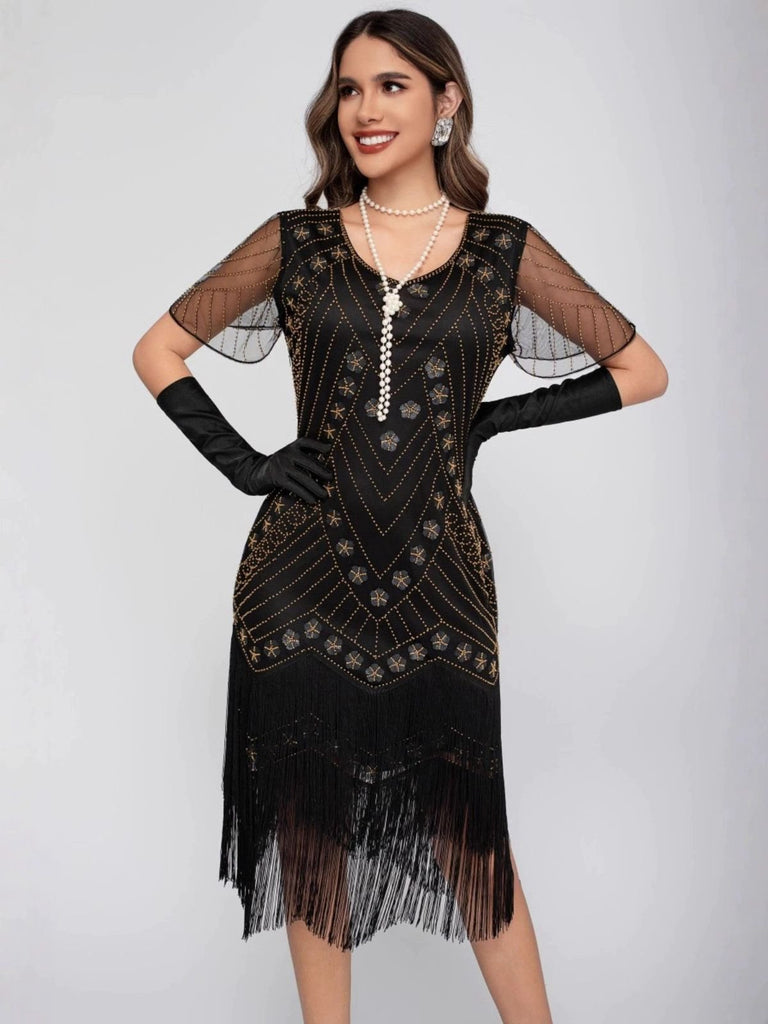 1920s Sequins Tassel Beading Cap Sleeve Dress