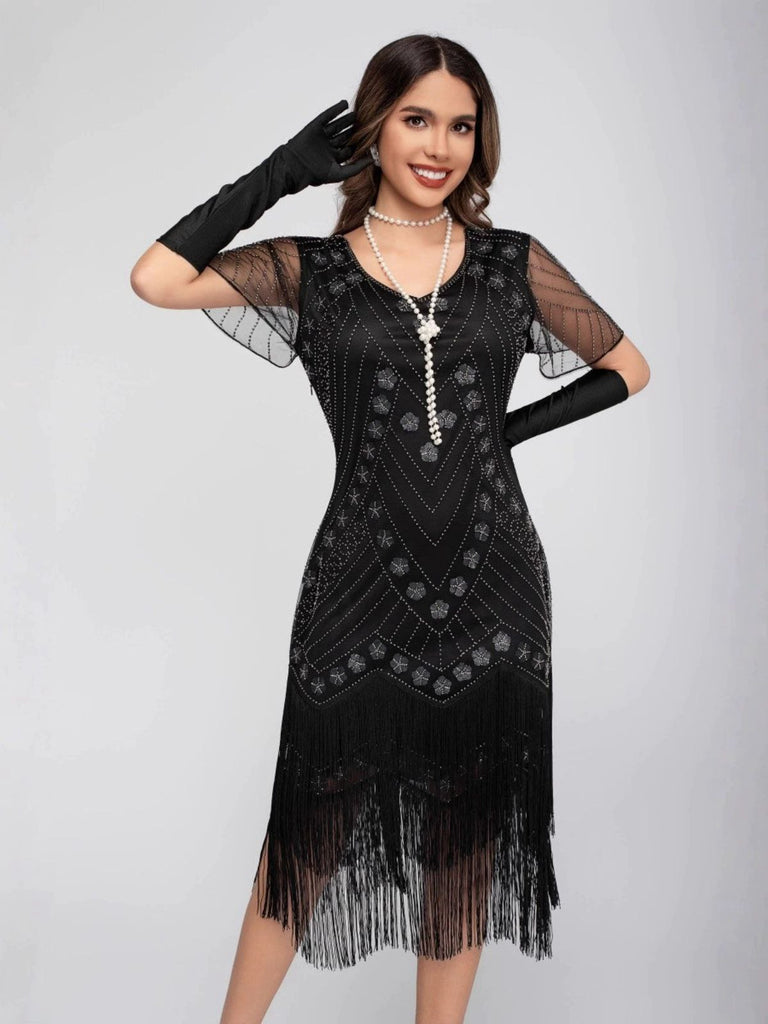 1920s Sequins Tassel Beading Cap Sleeve Dress