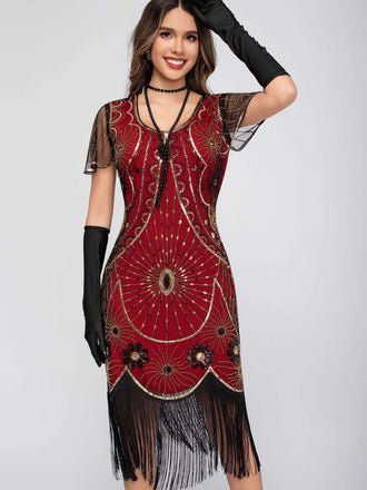 1920s Scoop Neck Sequin Fringe Flapper Dress