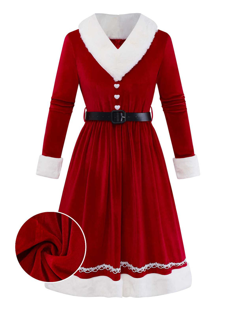 [Pre-Sale] 1950s V-Neck Plush Christmas Velvet Belted Dress