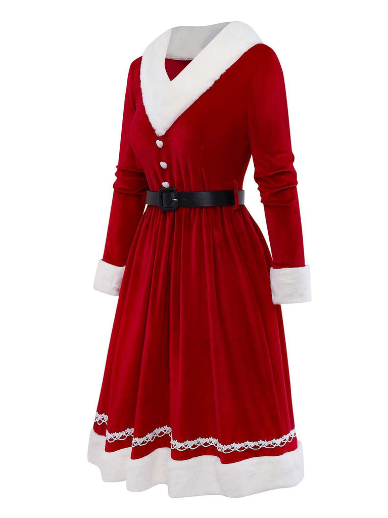 [Pre-Sale] 1950s V-Neck Plush Christmas Velvet Belted Dress