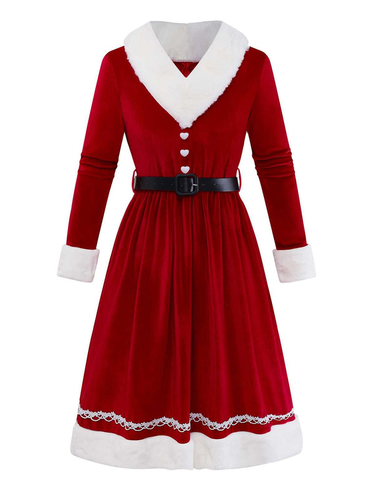 [Pre-Sale] 1950s V-Neck Plush Christmas Velvet Belted Dress