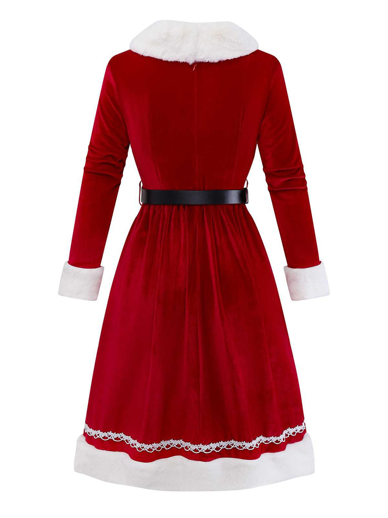 [Pre-Sale] 1950s V-Neck Plush Christmas Velvet Belted Dress